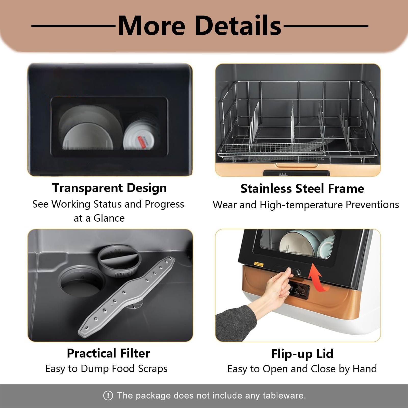Lavavajillas portátil de encimera de 800 W, lavavajillas Compacto, lavavajillas automático con 3 programas de Lavado + Secado y desinfección, para apartamento/Oficina/Cocina,Gold