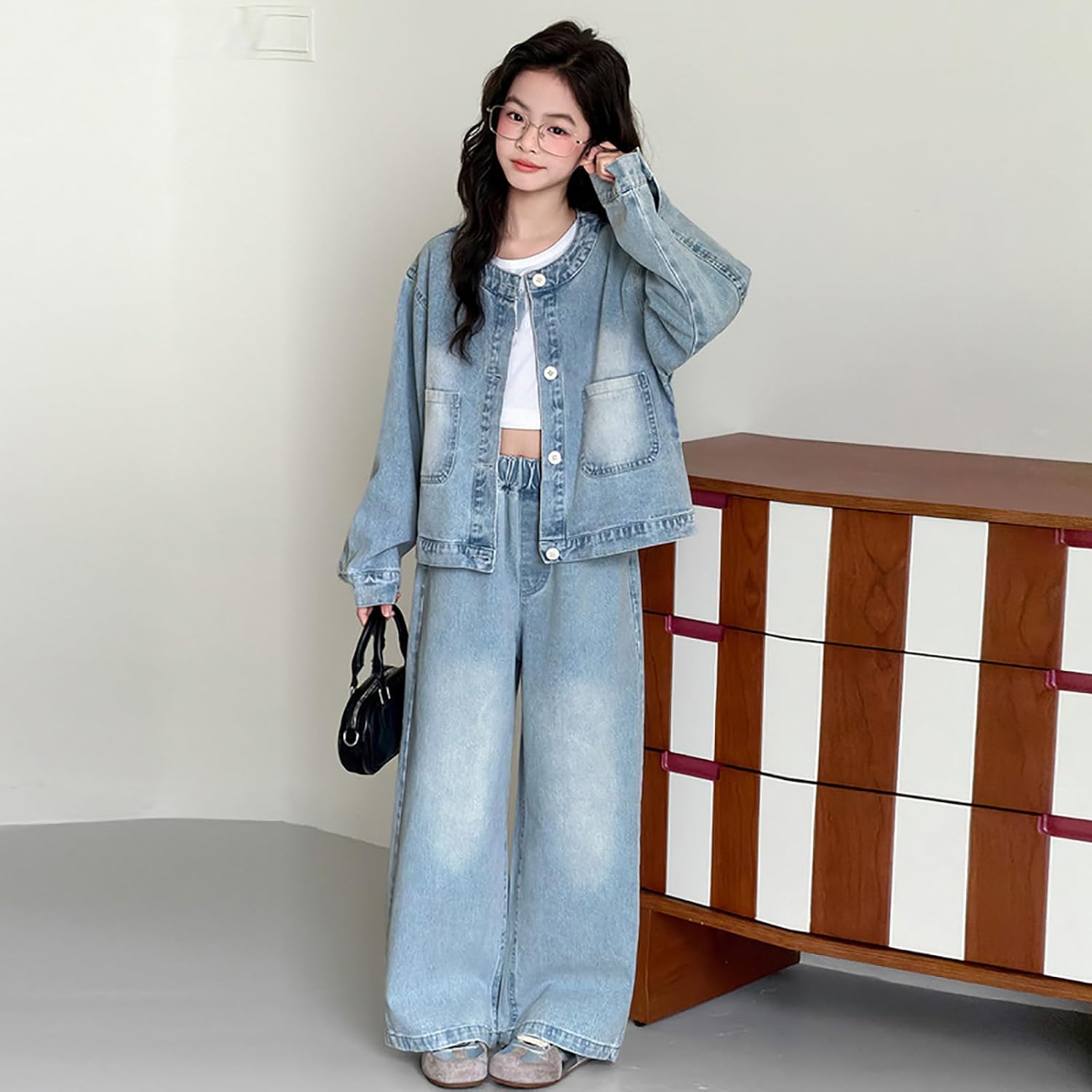 [HONGHXUAN] 子供服 セットアップ 女の子 ジャージ キッズ 上下 春秋服 ガールズ ２点セット デニムジャケット デニム