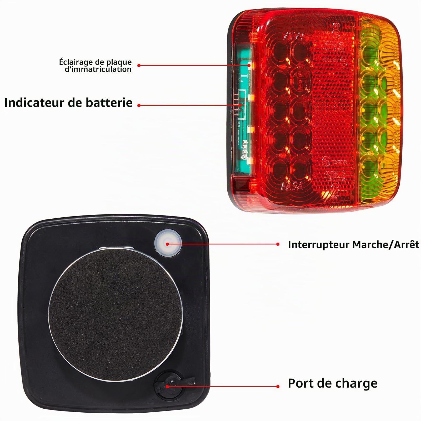 D-TECH Kit de feux arrière de remorque magnétique sans fil 12V/24V approuvé ECE EMC pour remorque tracteurs, caravane,Rechargeable feux arrière de remorque sans fil,kit éclairage arrière feu led wifi