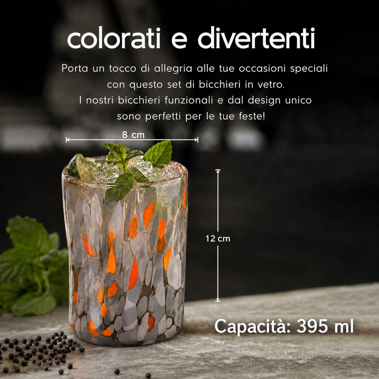 MAZZEGA ART & DESIGN - 6 Bicchieri in Vetro Soffiato, Lavorati a Mano con Graniglie colorate di Murano, Bicchieri Colorati per Acqua e Bibite, 395ml, h.12 cm. Made in Italy (6, MIX)