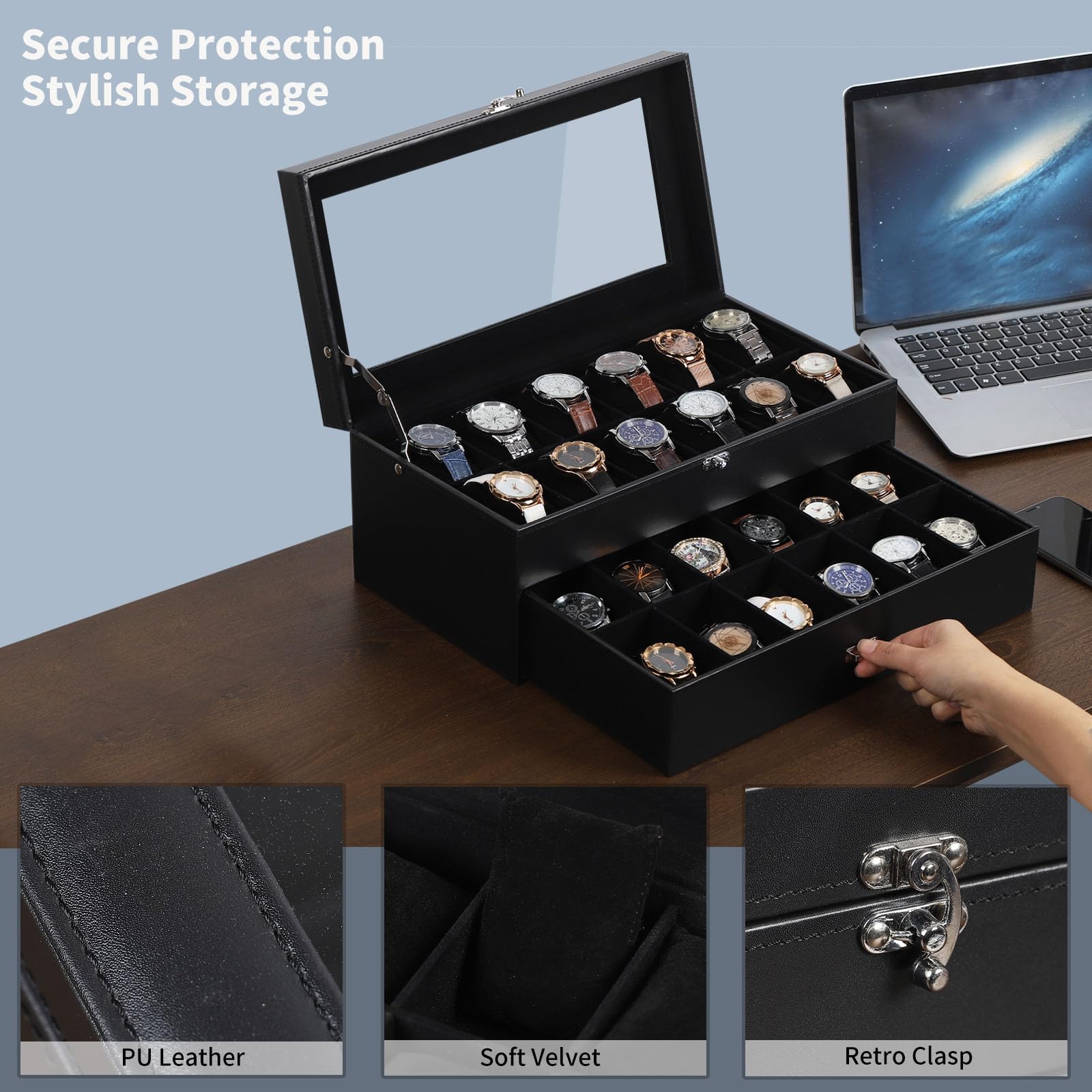 AUTOARK Caja organizadora de 24 relojes con tapa de vidrio y cajón de joyas de cuero y terciopelo, negro MKAW035
