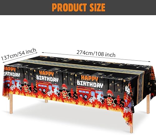 Miniatura 2 de Paquete de 3 manteles de plástico con diseño de camión de bomberos, para fiesta de bomberos, con texto en inglés "Happy Birthday", suministros para