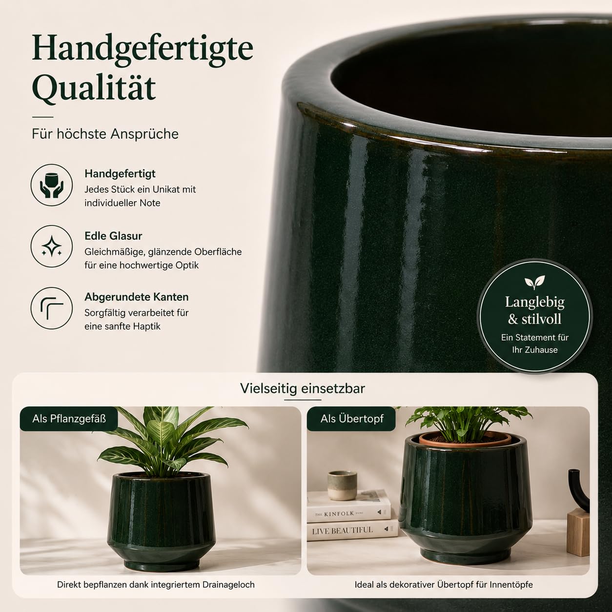 3er Set Keramik Blumentöpfe Groß, 38.1/28/22.9 cm Durchmesser Übertöpfe für Pflanzen, Große Blumentopf mit Drainagelöchern für Innen und Außen, Terrasse, Garten und Poolbereich, Dunkelgrün Glänzend