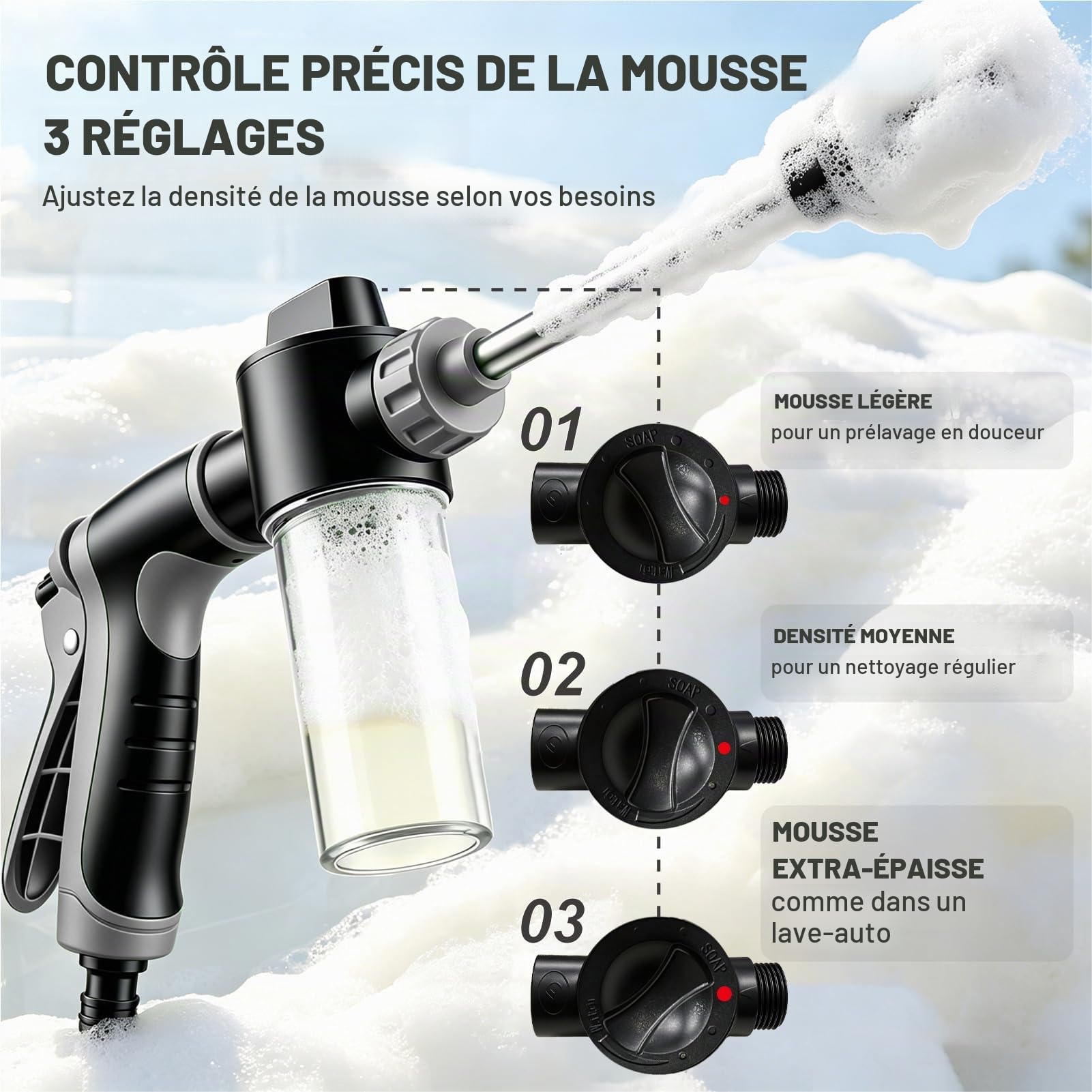 Funnity Jetterix Pistolet Haute Pression, Lance de Nettoyage Métal | Jet réglable, mousse intégrée, nettoyage rapide sans effort, pour voiture, terrasse, façade et mobilier extérieur