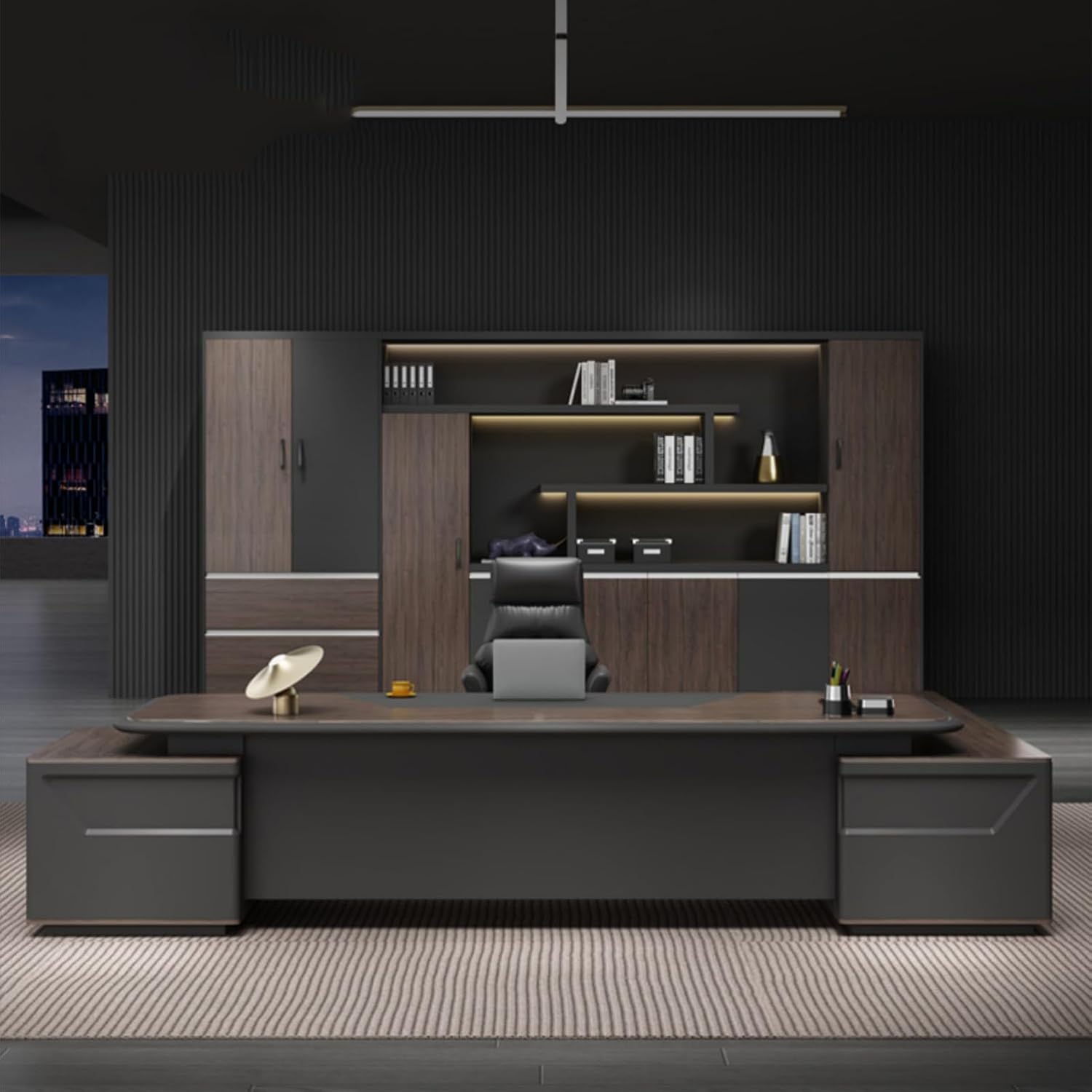 Brown L-Shaped Executive Office Desk Computer Desk with Lateral Cabinet Writing Study Table Business Furniture Set for CEO Boss