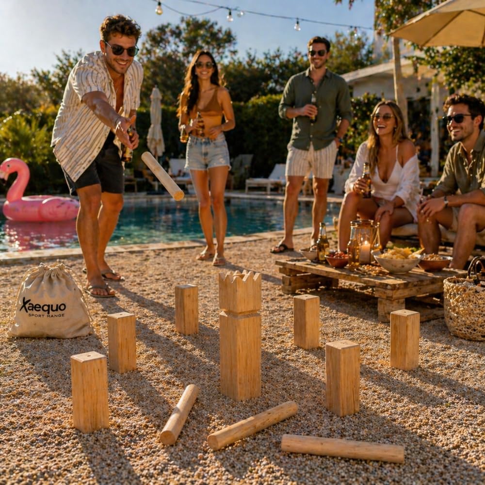 SHOP-STORY Jeu de Kubb en Bois, 21 Pièces, pour 2 à 12 Joueurs, Jeu d'Adresse d'Extérieur, avec Filet de Rangement, Dès 6 Ans