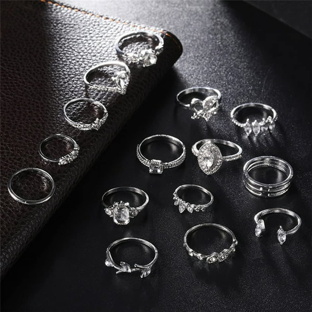 Stone Studded Silver Plated Stackable Rings Set of 15