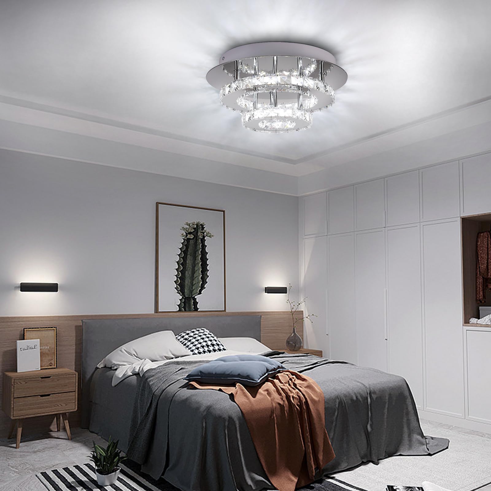LED-Deckenleuchte 36W Moderne LED Kristall Deckenlampe Rund Edelstahl Kronleuchter für Wohnzimmer Esszimmer Schlafzimmer Badezimmer, Ø30 cm