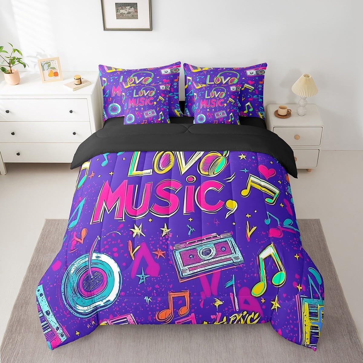 Erosebridal Girls Music Theme Twin Bedding Sets with Sheets Musical Notes Bed in A Bag 7 Piece Hip Hop Hippie Music Comforter Set Bedding Set for Kids Adults Radio Tape Record Bed Set