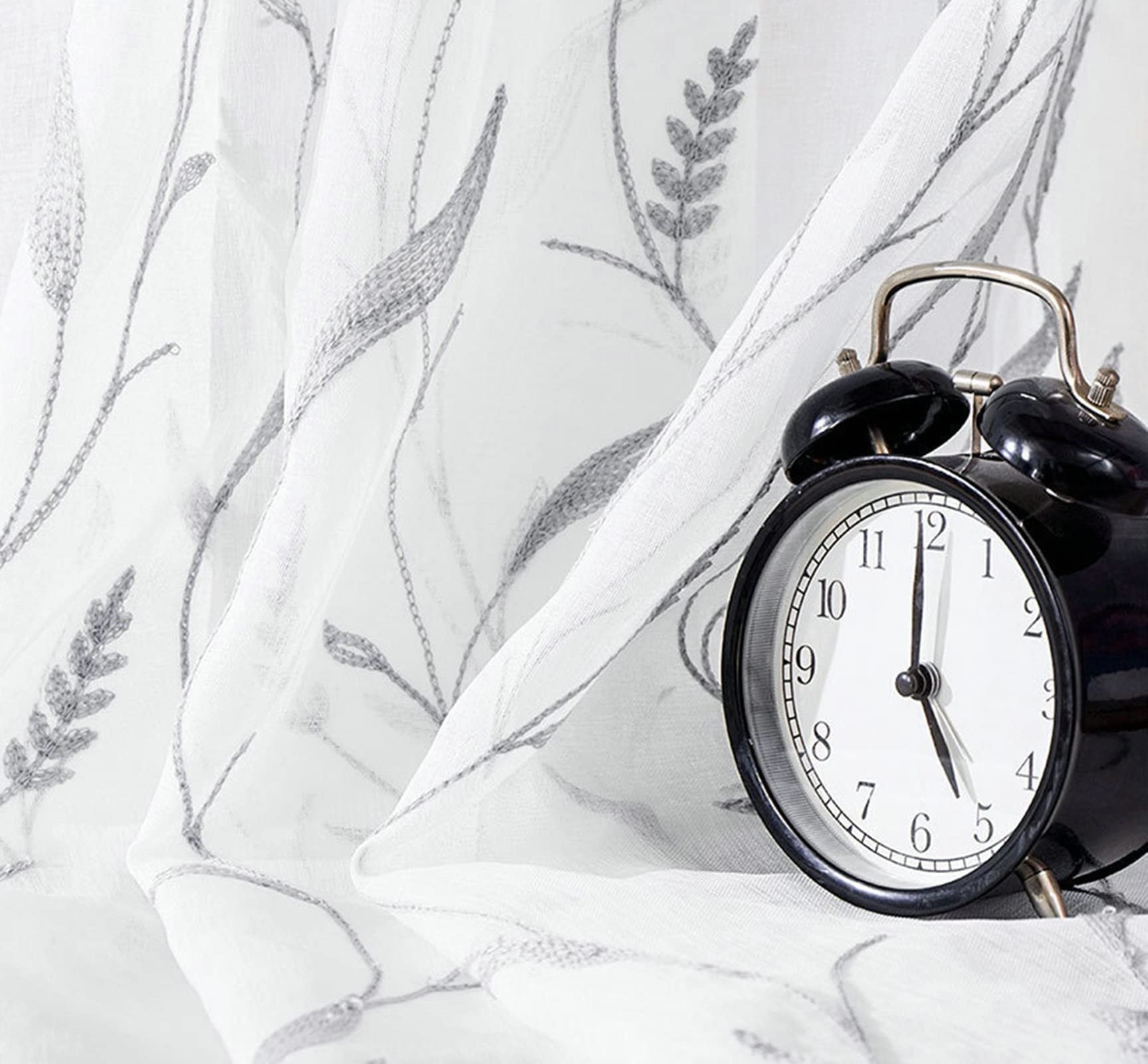Vorhänge Voile Grau Blumen Bestickt, 214 x 132 cm (H x B), 2er Set, mit Stangendurchzug, Polyester