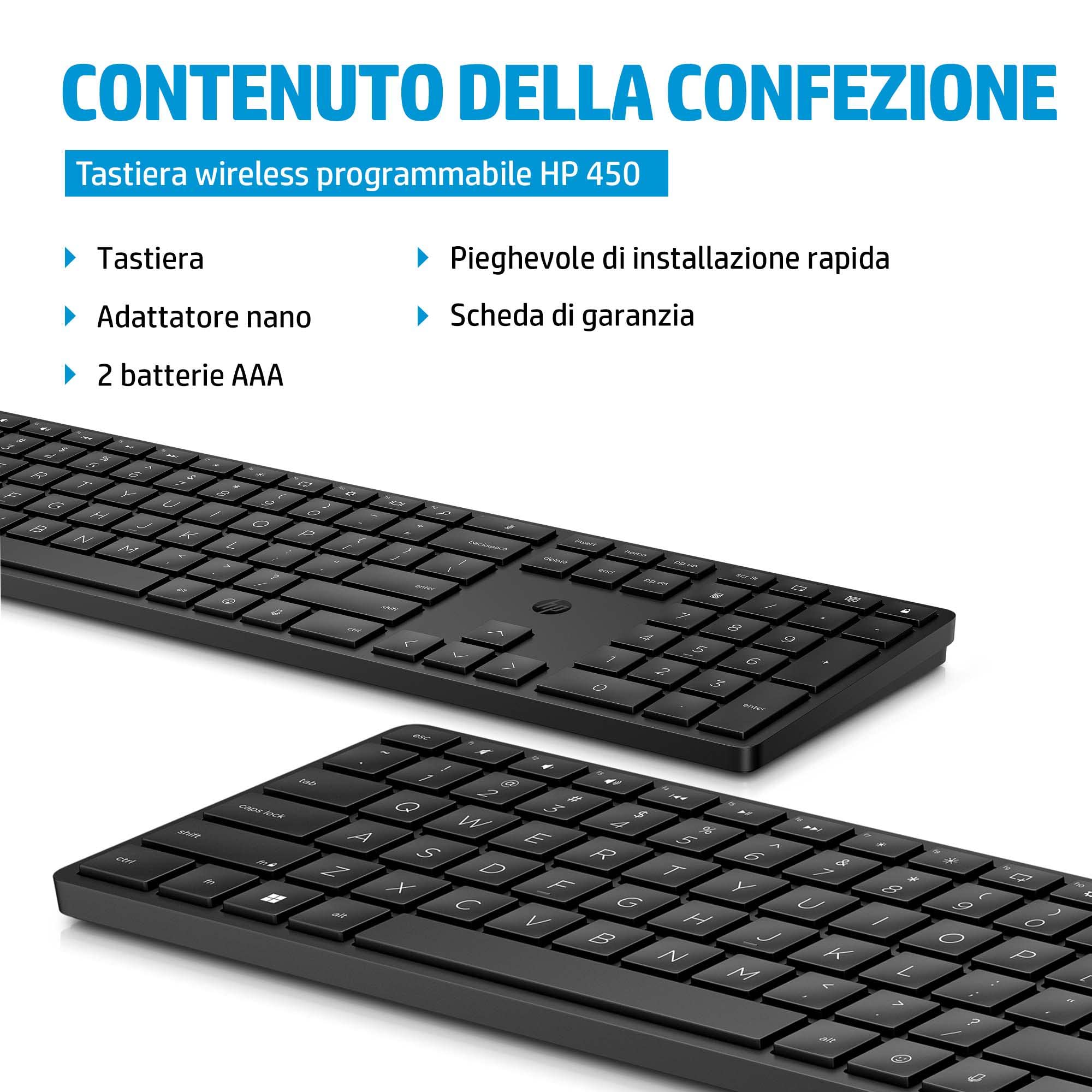 HP 450 Tastiera Wireless, Connessione con Dongle USB-A a 2,4 GHz, 20 Tasti Personalizzabili, Autonomia fino a 20 Mesi, Qwerty, Layout Italiano, Compatibile con Windows 10, 11 e macOS, Nera