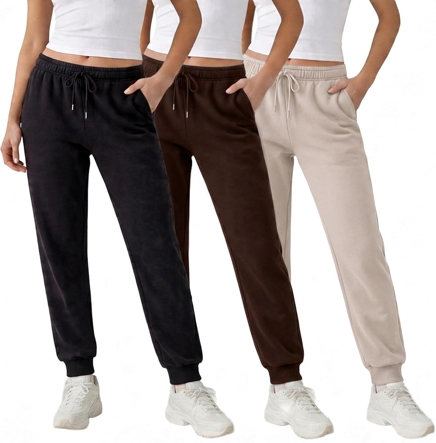 Common Stitch 3 Pack Fleece Joggers for Women — Deep Pockets, Slim Fit, Elastic Drawstring Waist