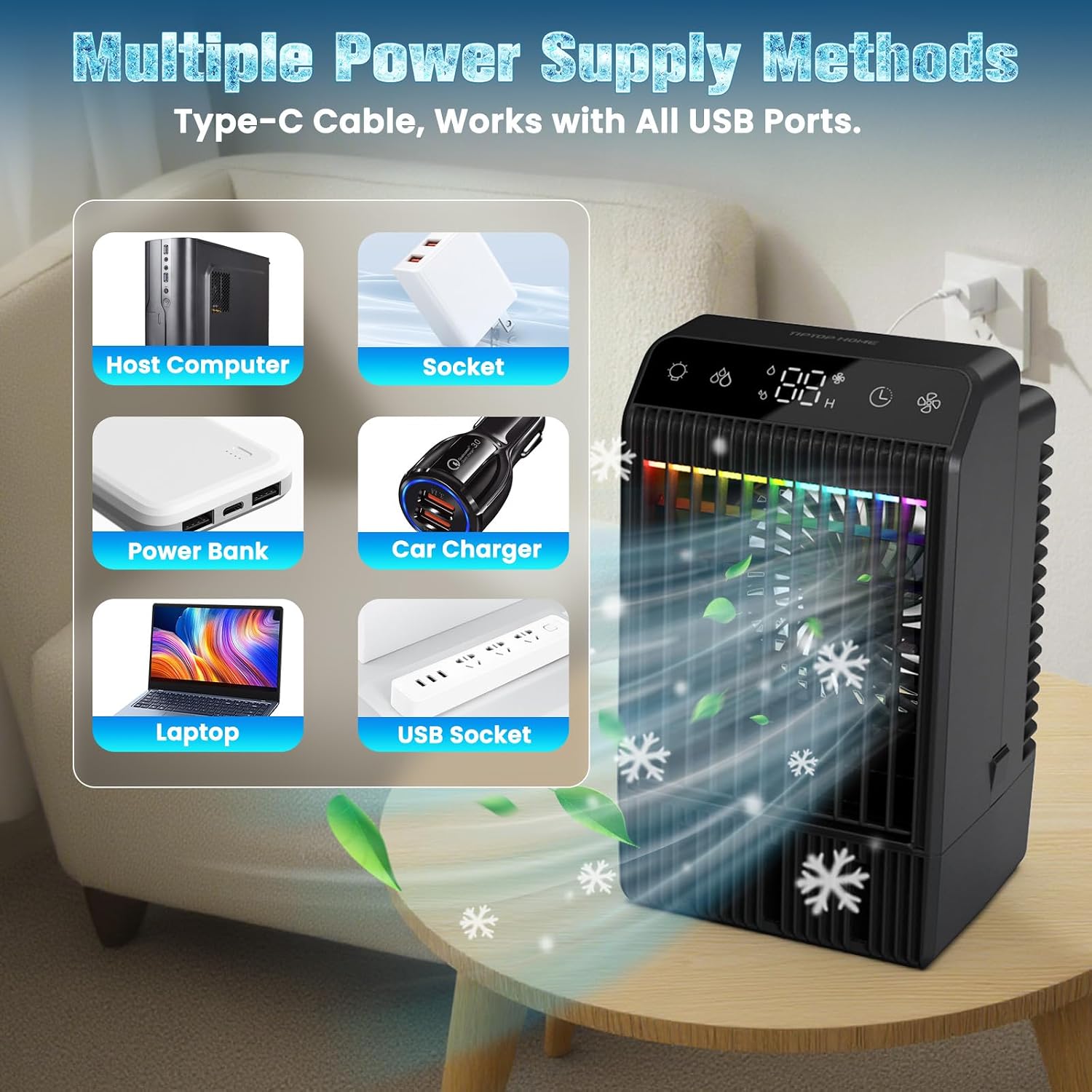 Portable Air Conditioner with LED Display, 1000ML Mini AC Air Conditioner 4-in-1 Air Cooler Humidifier with 7 Colors Light, Timer Personal Evaporative Air Cooler Cooling Fan for Bedroom Office Home