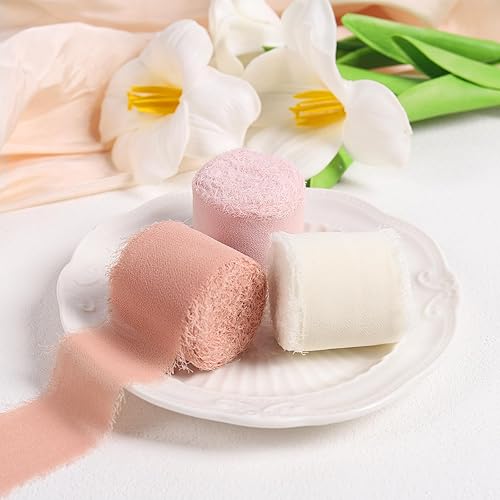 Miniatura 3 de 3 rollos de cinta de gasa con flecos hechos a mano color blanco crema, de 1.5 pulgadas x 7 yardas, cinta rústica colorida para ramos de flores,