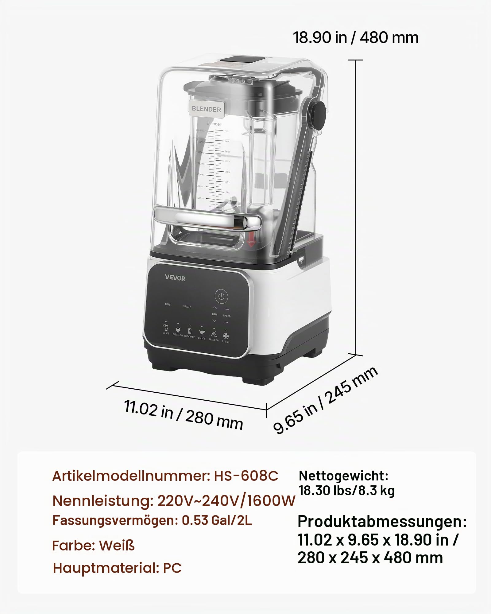 VEVOR Standmixer 2 L Smoothie Mixer mit Schutzabdeckung 2200 W Crushed Ice Maker mit Selbstreinigungsfunktion Einstellbarer Drehzahl 6 Voreingestellte Programme für Smoothies Eiscrushing Pürees Weiß