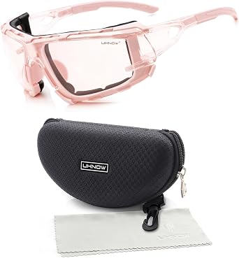 UKNOW Safety Glasses with Removable Foam Gasket, Anti Fog Clear Wraparound Lens, ANSI Z87.1; Portable Safety Glasses Case with Belt Clip, Cleaning Cloth