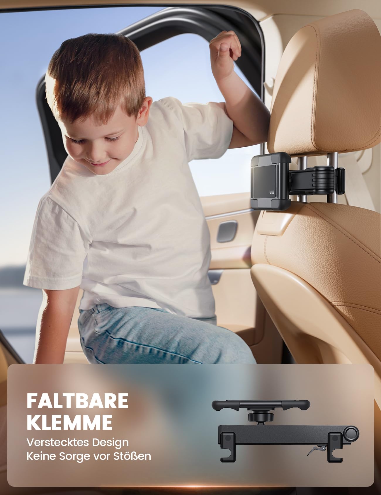 Lamicall Tablet Halterung Auto Kopfstütze - [Doppelt Faltbares Design] Tablethalterungen Auto mit Abschließbarer Alu-Arm, Ausziehbare KFZ Tablet Autohalterung für iPad, 6,1-13 Zoll Geräte & Smartphone