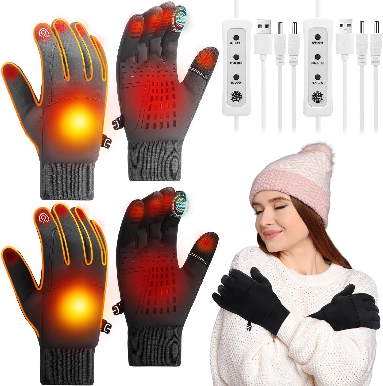 2 Pairs Heated Gloves USB Electric Touchscreen Heated Glove Liners Unisex Washable Winter Hand Protectors with 3 Temperature Adjustment for Indoor Home