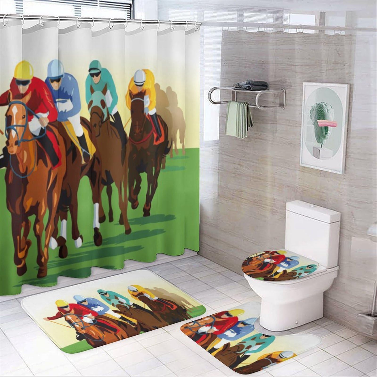 CGSBNGHA Horse Racing Cartoons Shower Curtain Set 4 Piece Bathroom Sets with Rugs Toilet Lid Cover And U-Shaped Floor Mat