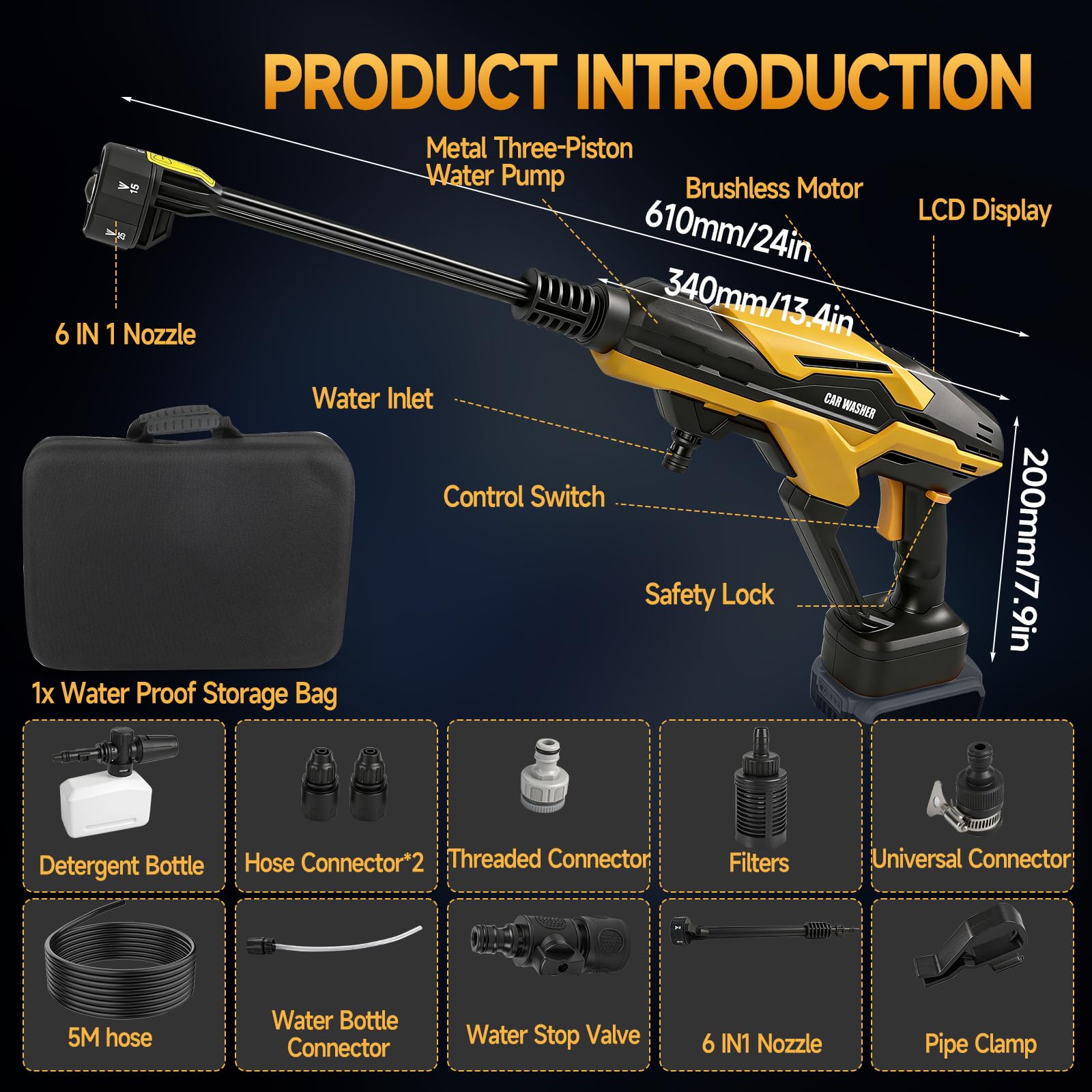 Limpiador de alta presión compatible con batería Dewalt de 18 V y 20 V, bomba de agua de 3 pistones mejorada, 68 bar, limpiador de alta presión portátil sin escobillas con boquilla 6 en 1, pantalla
