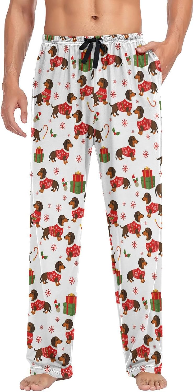 Pfrewn Men's Dachshund Dog Christmas Snowflakes Pajama Pants Super Soft Christmas Winter Lounge Pajama Bottoms with Pockets,M - Image 4