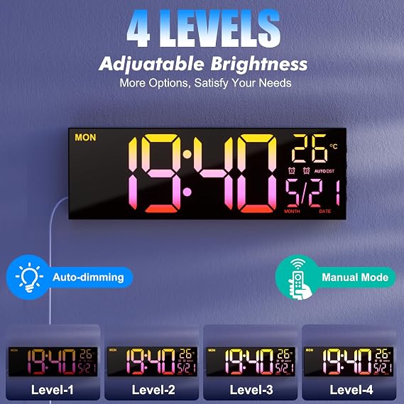 16.5'' Digital Wall Clock, Large Led Wall Clock with Remote Control, 8 RGB Colors, Dual Alarm, Auto Brightness, Date, Auto DST, Temperature, Wall Clocks for Bedroom Office Kitchen Home School