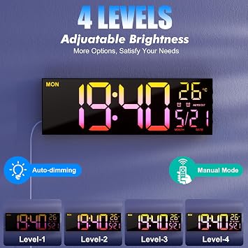 16.5'' Digital Wall Clock, Large Led Wall Clock with Remote Control, 8 RGB Colors, Dual Alarm, Auto Brightness, Date, Auto DST, Temperature, Wall Clocks for Bedroom Office Kitchen Home School