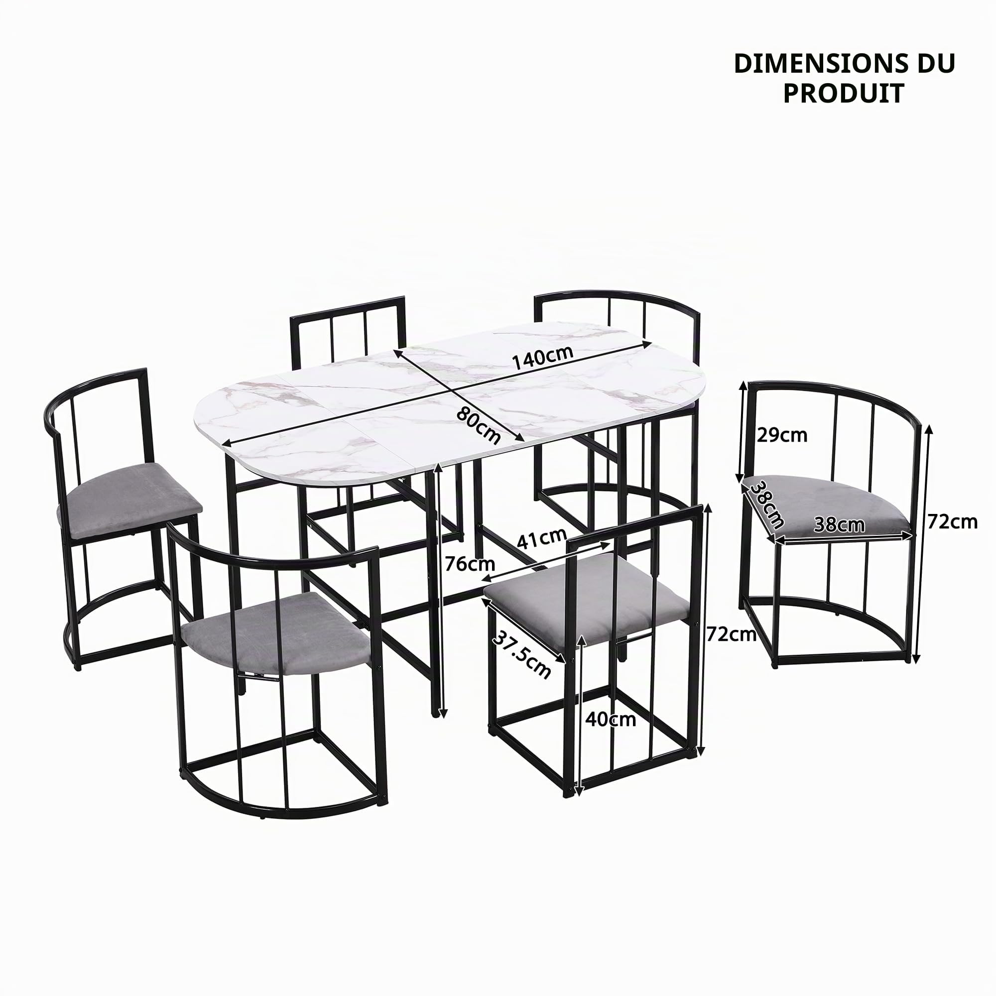 soges Ensemble de Salle à Manger avec Table et 6 Chaises pour 6 Personnes, Table de Salle à Manger 140 x 80 x 76 cm Noir et Blanc