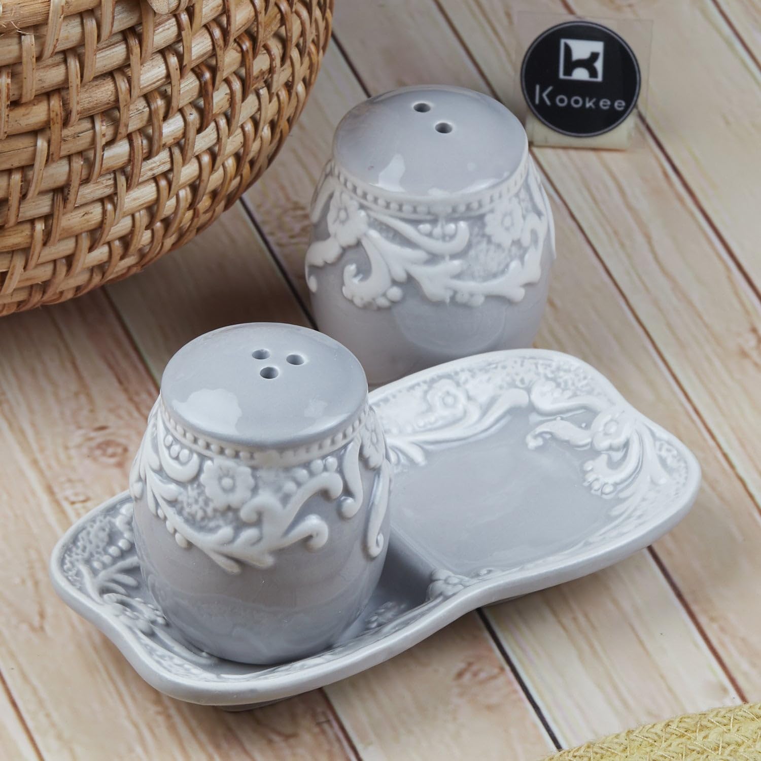 Kookee Ceramic Salt and Pepper Shaker Set with Tray | Grey White (8567) — Amazon image 3