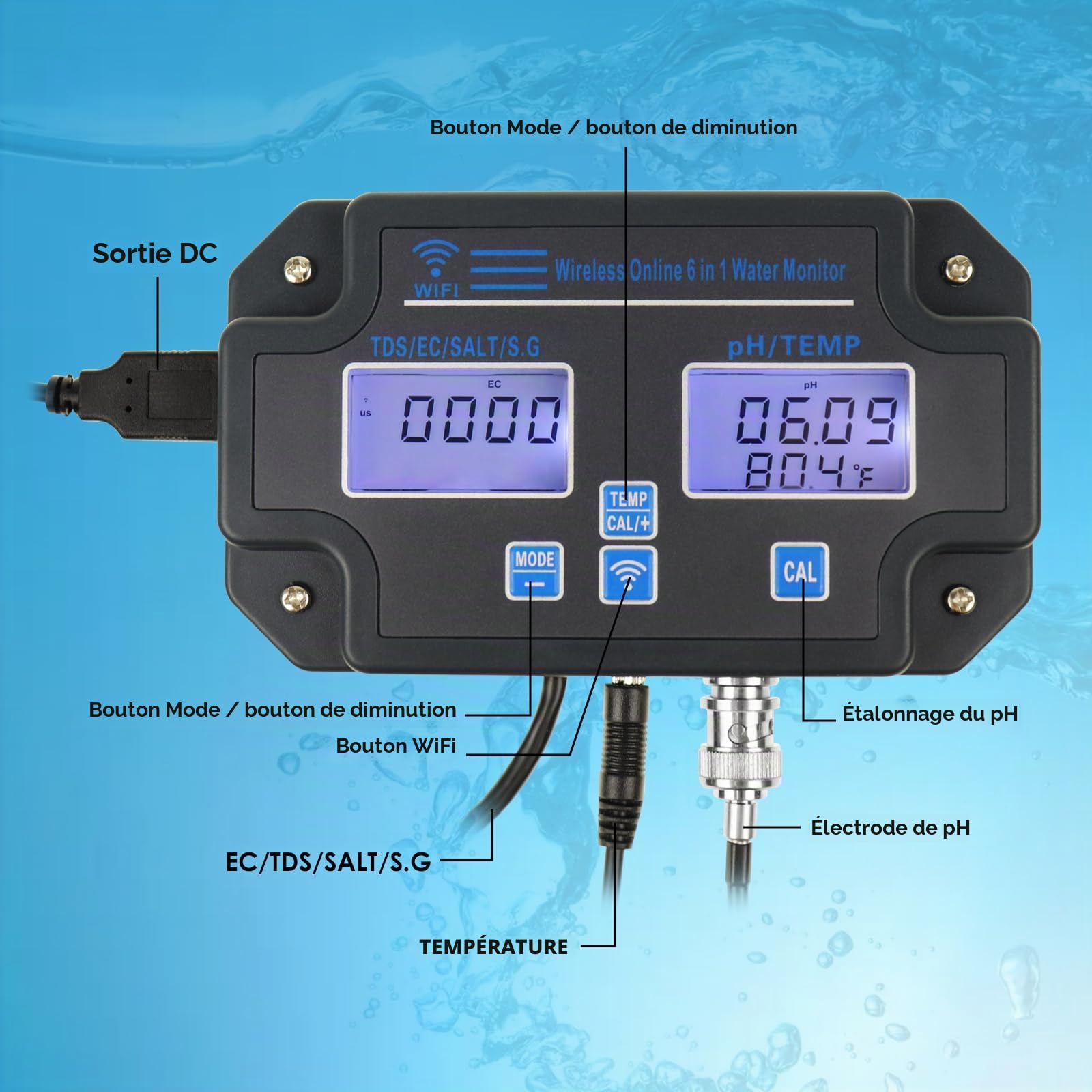 6 en 1 Multi-paramètres Testeur de pH: pH/EC/TDS/Sel/SG/Température avec Wi-Fi Sans fil Surveillance via Mobile APP Facile 3 Points Étalonnage pour Étangs à Poissons, Aquariums, Culture Hydroponique