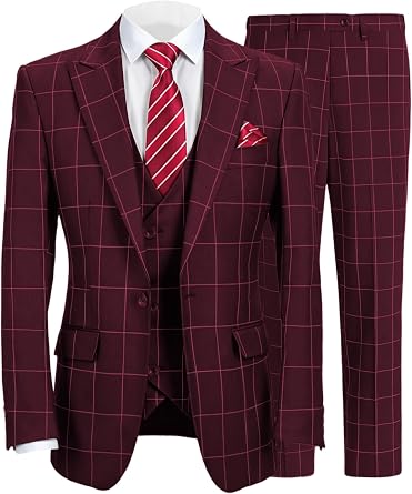 Mens 3 Piece Plaid Suit Set Slim Fit Blazer Jacket Vest Pants, Business Wedding Party Suits for Men