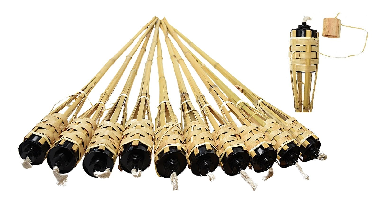 Dixiestore Torches en bambou de qualité supérieure – Réutilisables, pour jardin, mariages et promenades en traîneau – 150 cm – Capacité 500 ml – Combustion pendant 9 à 12 heures – Bambou et fer – x10