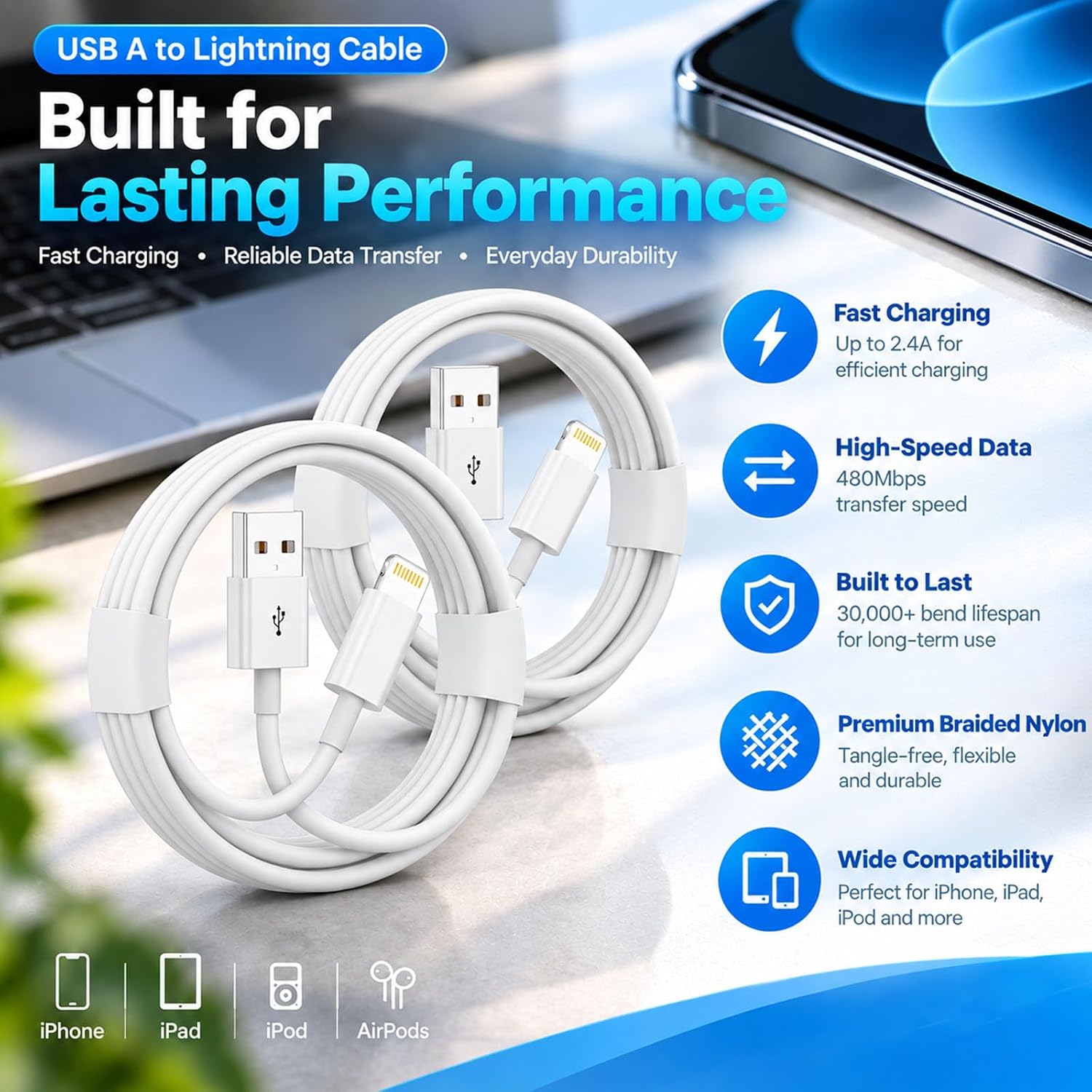 USB A to Lightning Cable, 2Pack 3FT Fast Charging CarPlay Charging Cord thumbnail