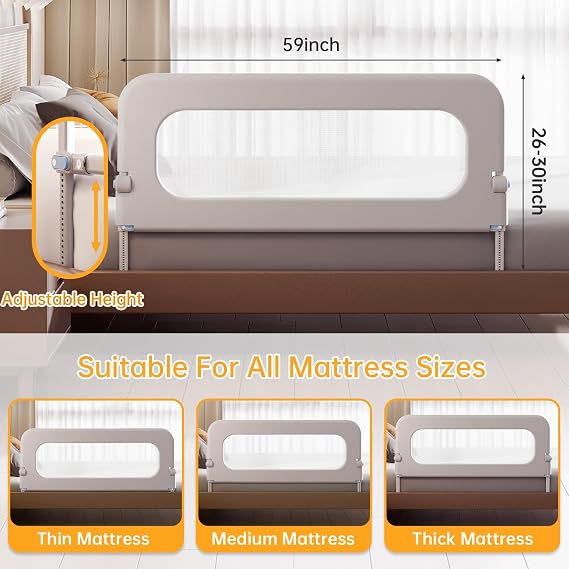 Baby Bed Guard Rail for Toddler - 59in Adjustable Heights, Swing Down Bedrail, Extra Tall Child Safety Side Railing Guards for Kids - Toddler Bed Rail for Queen, King, Twin, and Bunk Size Beds - Full