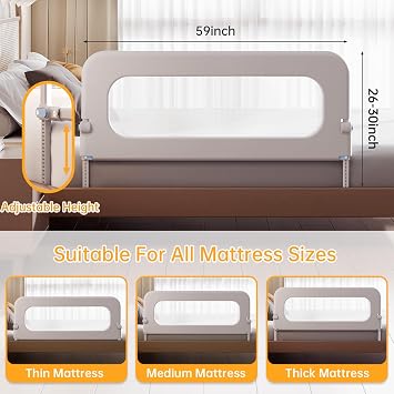 Baby Bed Guard Rail for Toddler - 59in Adjustable Heights, Swing Down Bedrail, Extra Tall Child Safety Side Railing Guards for Kids - Toddler Bed Rail for Queen, King, Twin, and Bunk Size Beds - Full