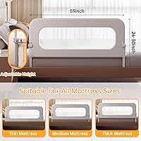 Vista 4 de Barandilla de protección para cama de bebé para niños pequeños, altura ajustable de 59 pulgadas, barandilla de cama abatible, barandilla lateral