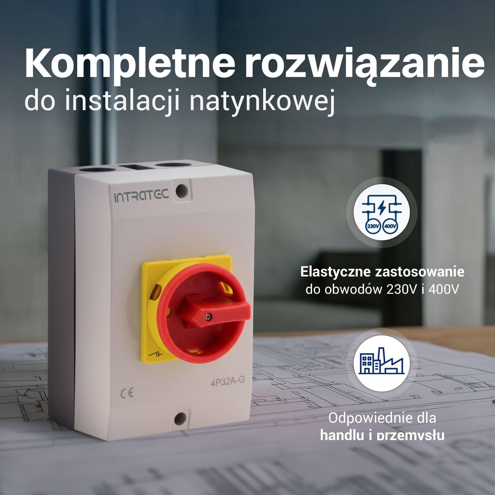 Intratec przełącznik główny 32A 4-biegunowy – IP65 wyłącznik izolacyjny w obudowie z tworzywa – montaż natynkowy, przełącznik obrotowy 230V 400V do maszyn, instalacji i zastosowań przemysłowych