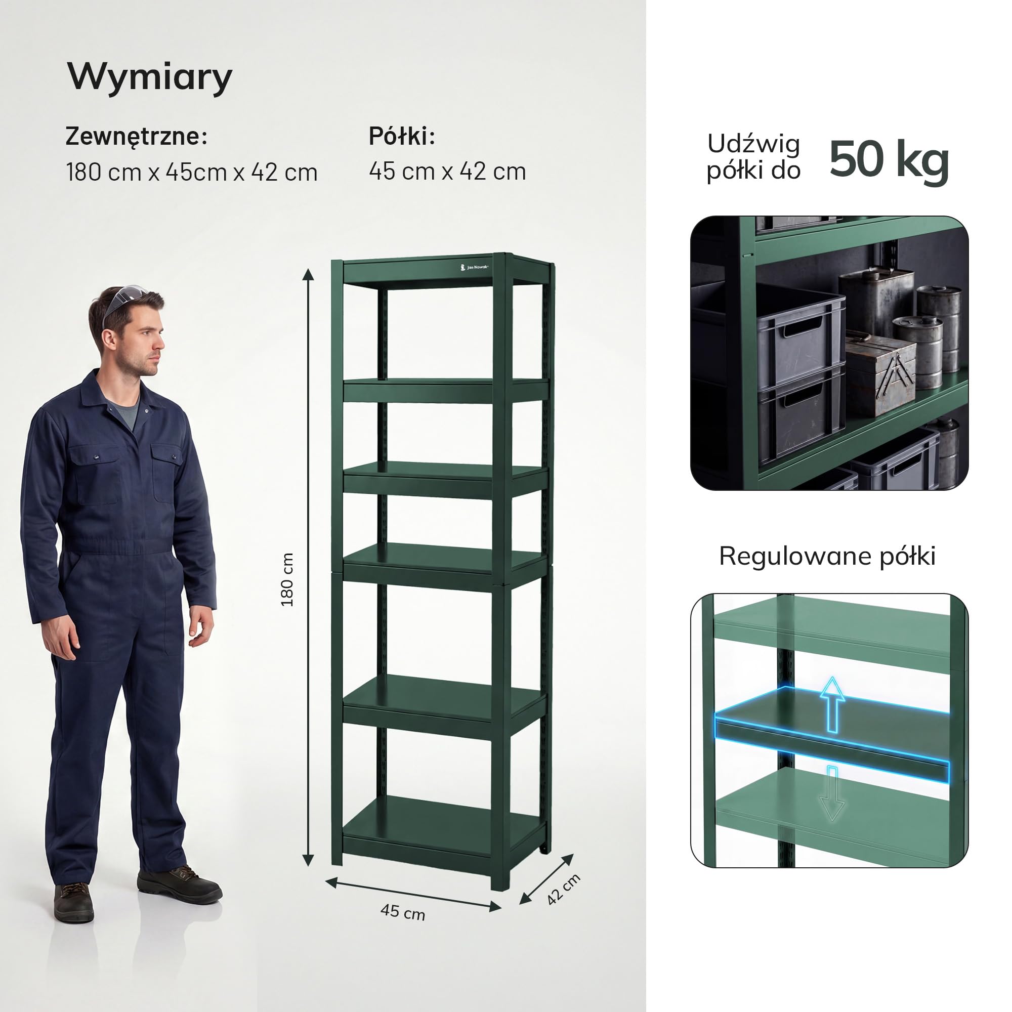 Jan Nowak Metalowy wąski 6 półek regulowanych 50 kg do półki, oszczędność miejsca, warsztat garażowy, magazyn, wytrzymała stal system wtykowy, 200 x 60 x 40 cm