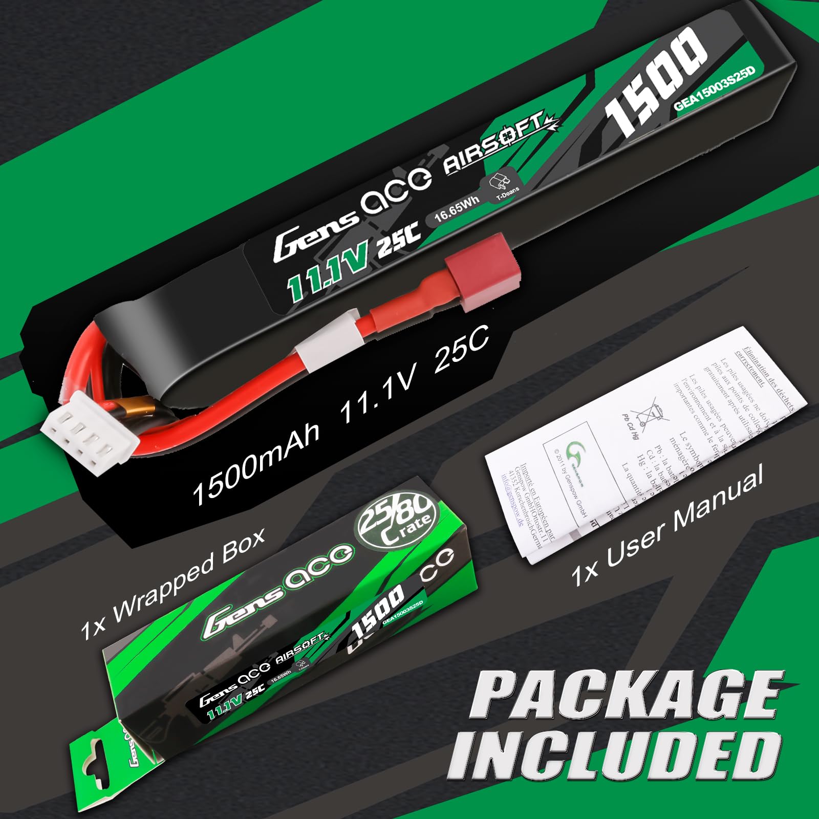 Gens Ace Batería LiPo 11,1 V 1500 mAh 25C 3S1P con Conector Deans (T-Deans), Compatible con Réplicas de Airsoft AEG