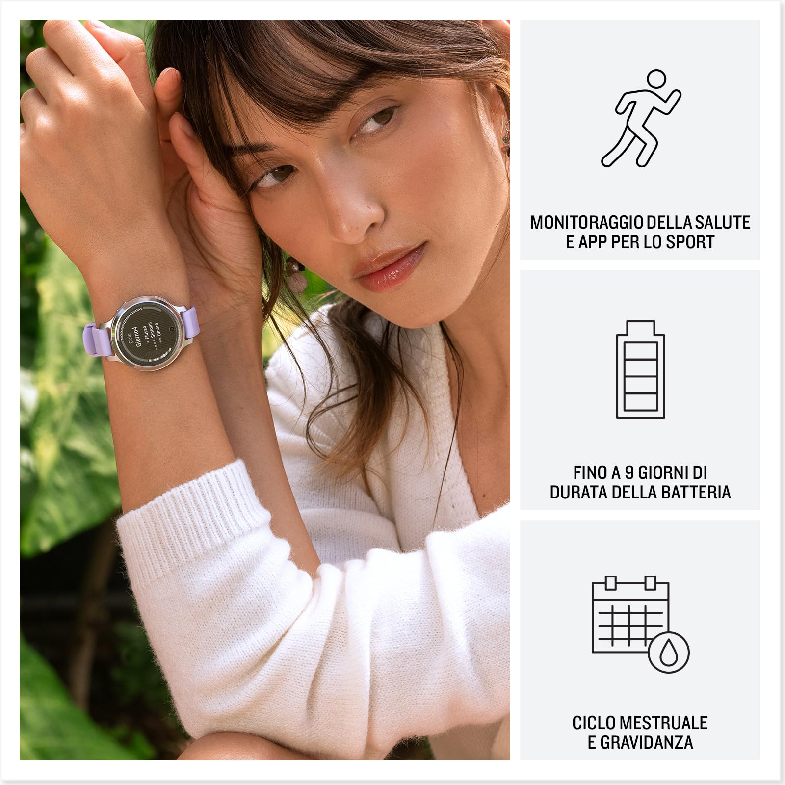 Garmin Lily 2 Active, Smartwatch per Donne, Elegante e Compatto, 38mm, Display LCD 1.3'', Quadrante decorato, GPS, Notifiche, Pay, Autonomia 9 giorni, Silver & Purple Jasmine (Ricondizionato)