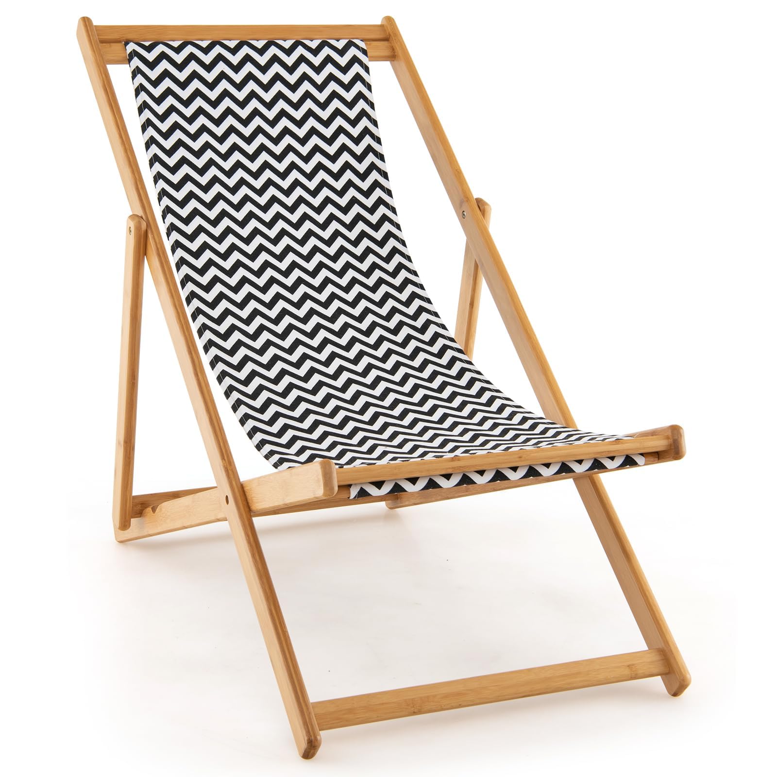 RELAX4LIFE Silla reclinable con Respaldo Ajustable, Silla de Playa Plegable de bambú y Tela Transpirable, Silla de relajación Exterior, para jardín, Playa, Piscina, terraza (1 Pieza)