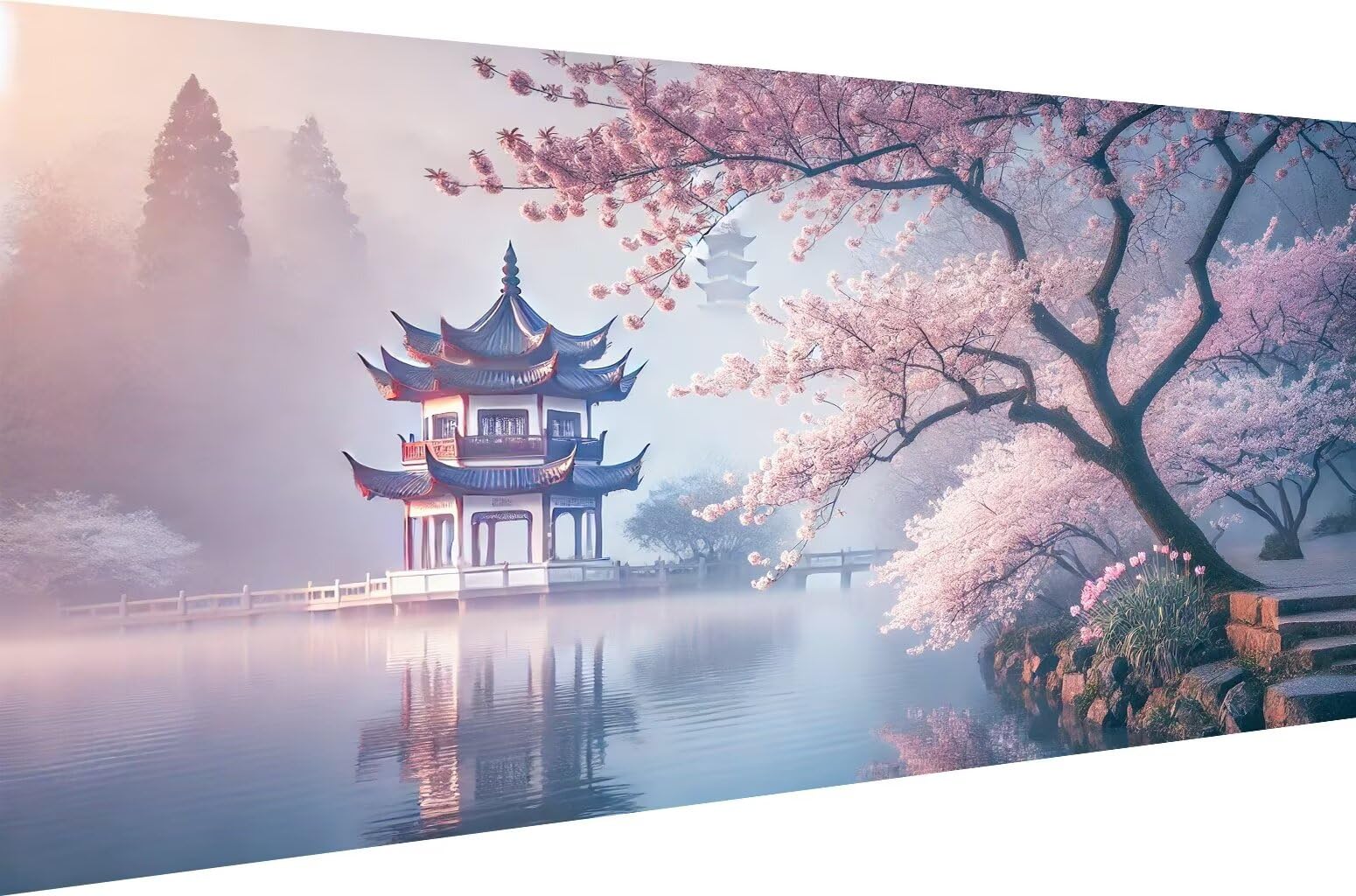 Diamond Painting Diamant Malerei Kits Malen nach Zahlen Home Dekoration Geschenk für Erwachsene 5D DIY Full Drill Set Crystal Strass Stickerei Chinesischer Garten mit Pagode,Quadrat Bohrer,120X60cm