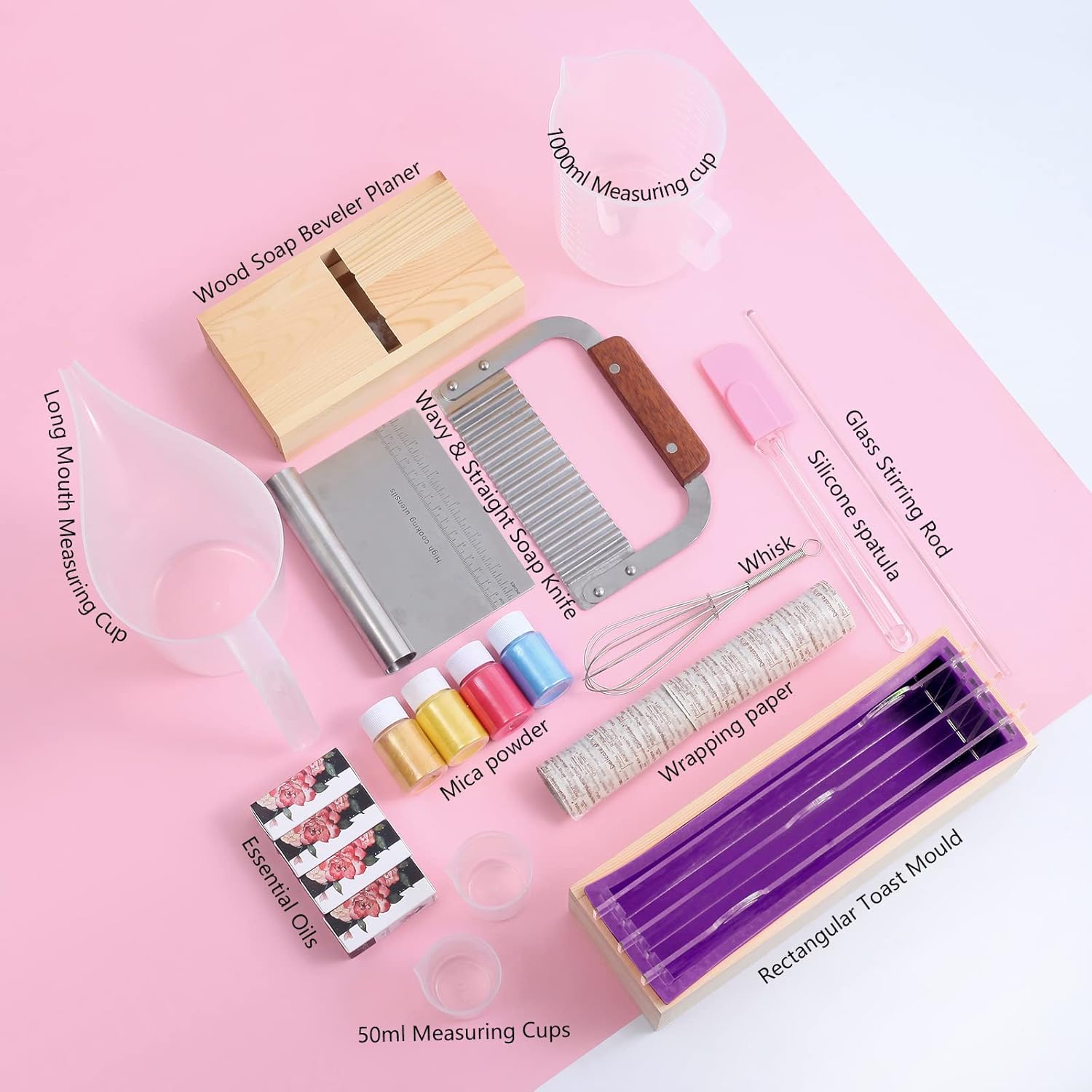 BOOWAN NICOLE Soap Making Kit for Adults, 1.2 kg Flexible Rectangular Soap DIY Making Mold for Beginners Kit Include Essential Oils, Mica Powder and More