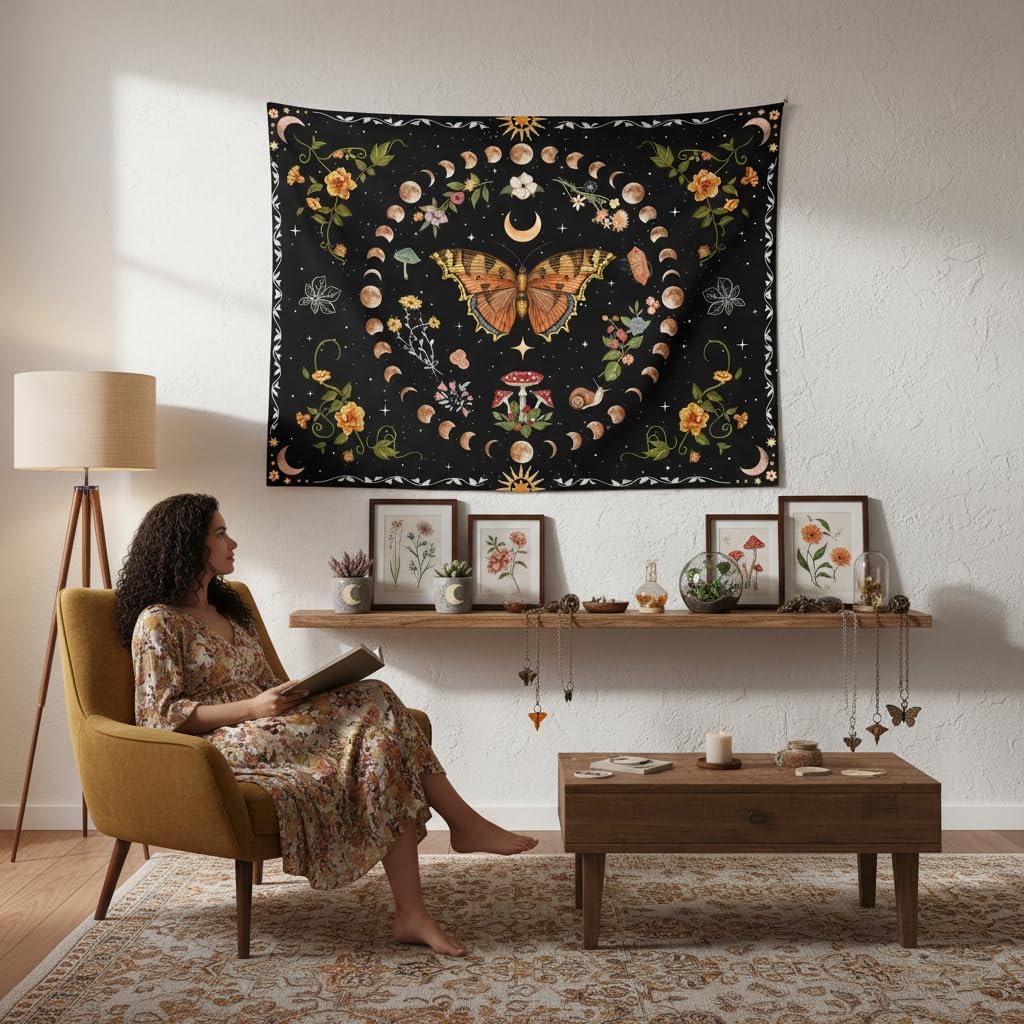 Aipon Orange Butterfly Moon Flower Tapestry Botanical Floral Plant Boho Tapestry for Bedroom Aesthetic Vintage Tapestries Wall Hanging for Living Room Dorm (36.00" x 48.00", Orange)