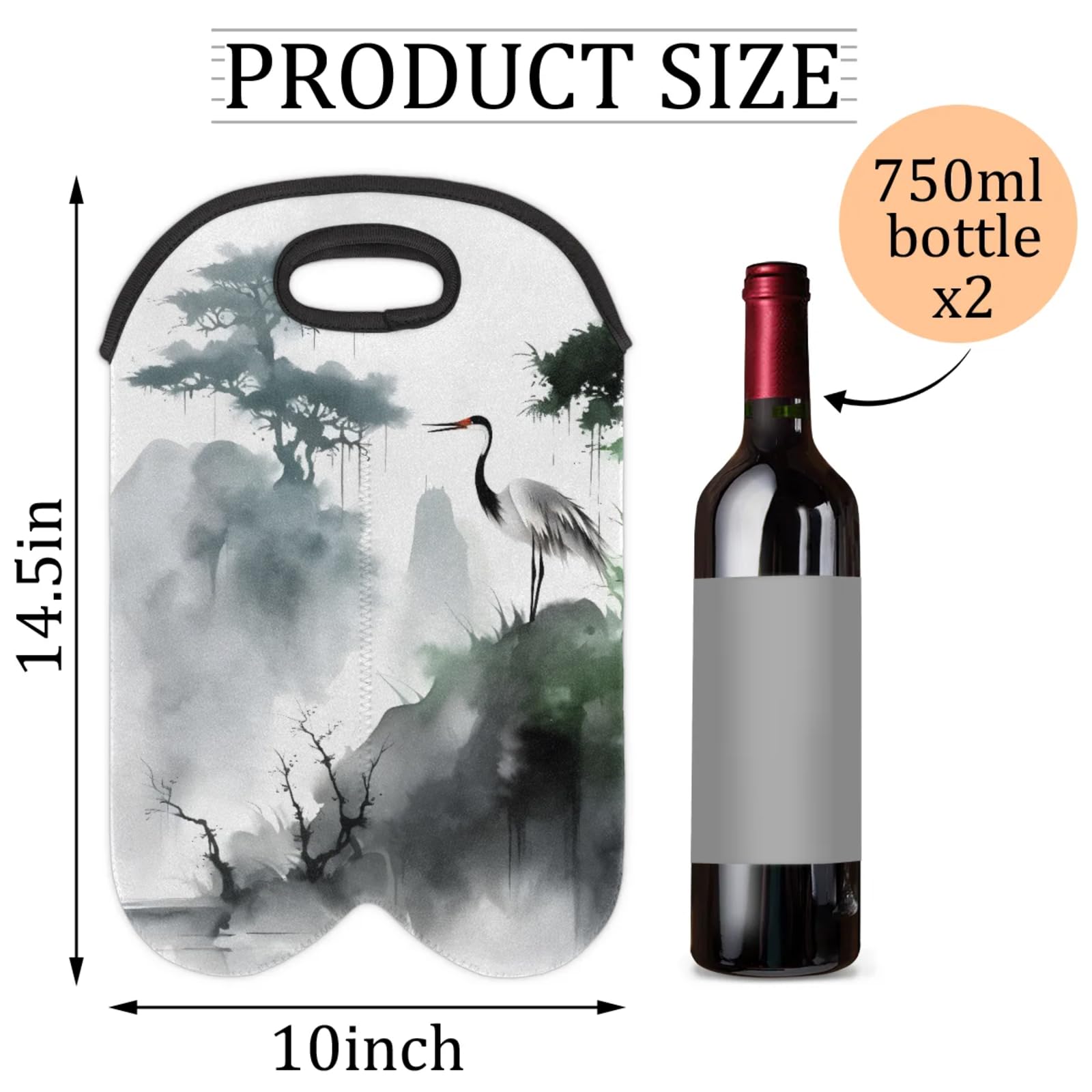 GzLeyigou 2 Bottles Pine Wine Bag Sleeve Totes Crane Neoprene Protective Wine Carrier Bag for Wine,Water, Champagne, Beer, Baby Bottles,Gift 14.5 x 10 Inches