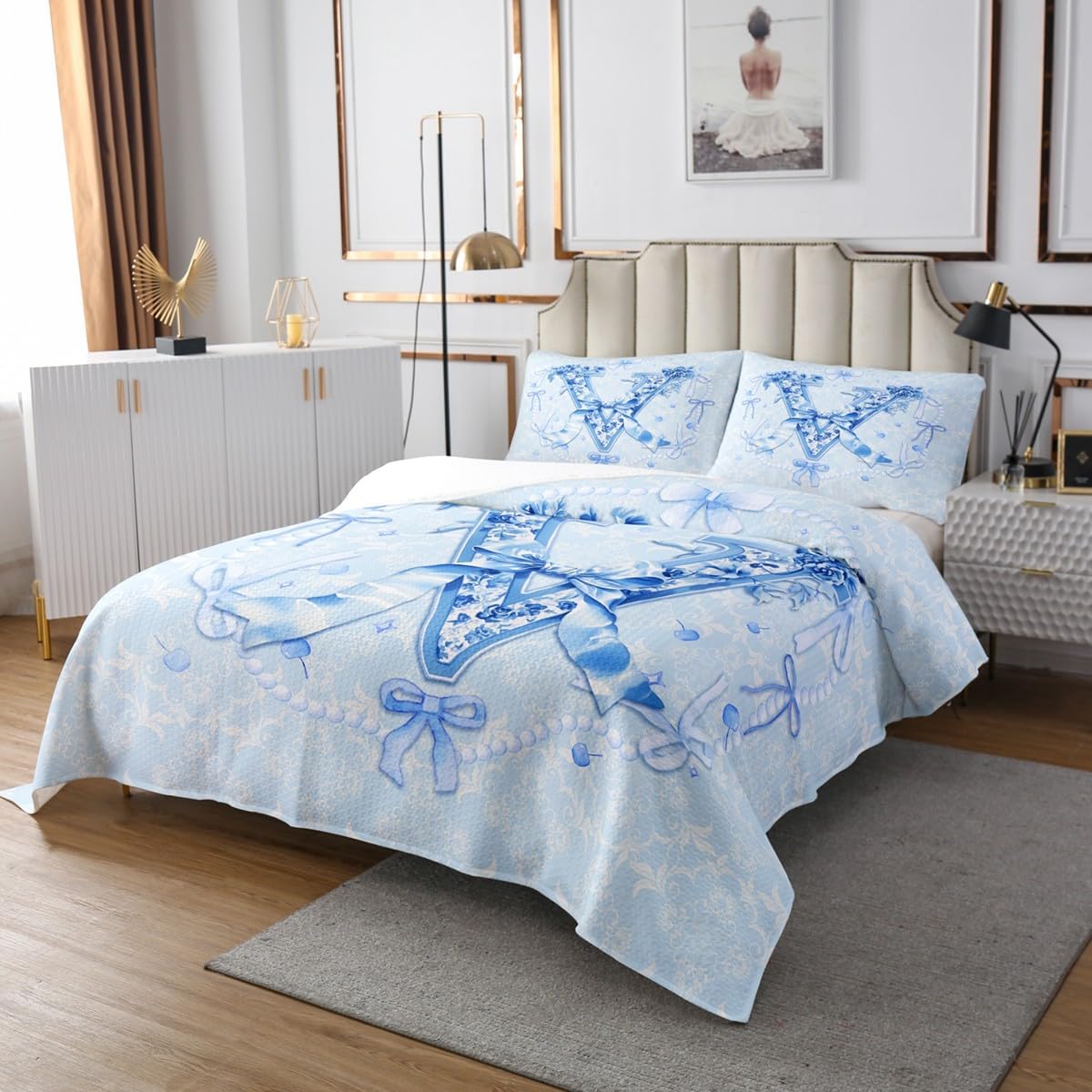 Erosebridal Blue Coquette Bow Bedspread Set Queen Blue Groovy Floral Trendy Cute Bowknot Bedspread Sets Initial Letter V Aesthetic Bow Gifts Alphabet V Girls Coverlet Set for Girlfriend/Mom/Sister(V)