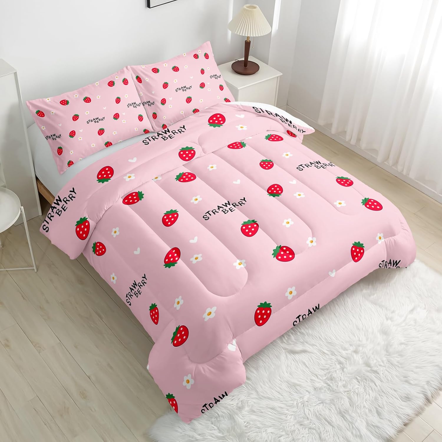 Nttopship Cute Strawberry Comforter Sets Twin Size，Bedding Sets for Kids,Pink and Flowers Comforter Sets All Season 1 Comforter and 2 Pillowcases