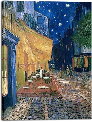 Miniatura 11 de Wieco Art Cuadros enmarcados de impresión Giclee en lienzo de Terraza de café por la noche, arte abstracto en lienzo enmarcado para pared de Van