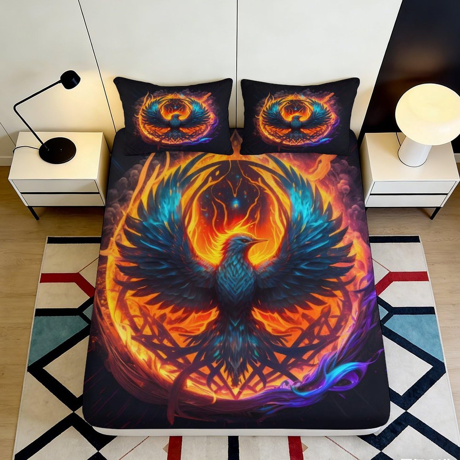 3D Printed Phoenix Fitted Sheet Microfiber Flame Design Bed Cover for Bedroom Dormitory Guest Room Mattress Protection Decorative Cover 200x200x25cm