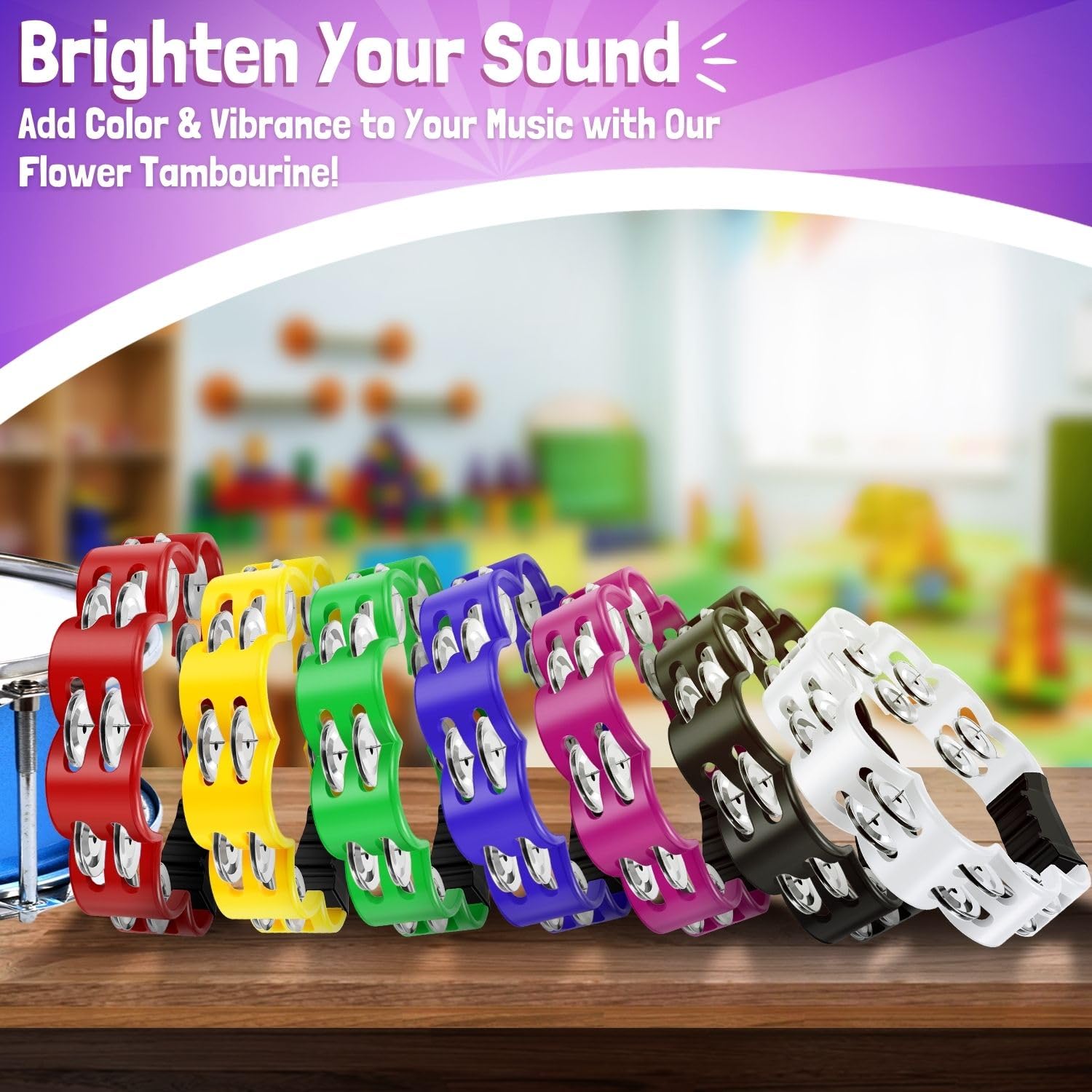 Flexzion Pandereta de flores – Instrumento de percusión de mano de 8 pulgadas con cascabeles de metal y agarre ergonómico – Panderetas pequeñas para adultos, niños, iglesia, fiestas y eventos